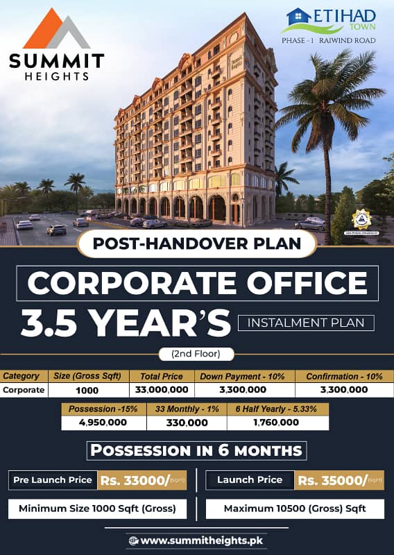 Corporate Office On 3.5 Years Installments-Possession In 6 Months in Lahore, Lahore